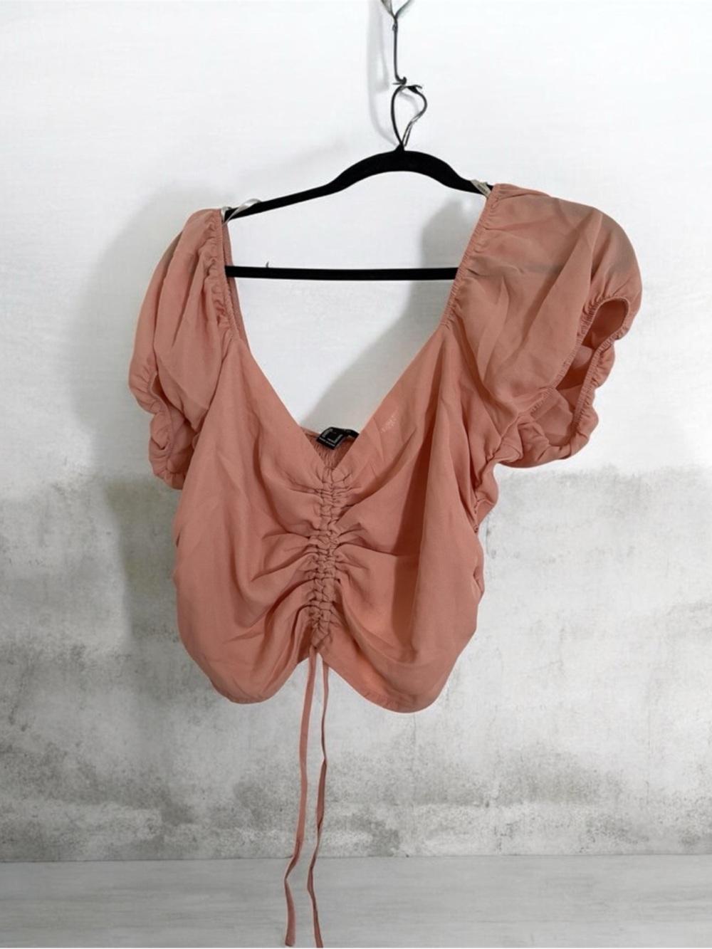 Forever 21 Peach Ruched Drawstring Puff-Sleeve Crop Top